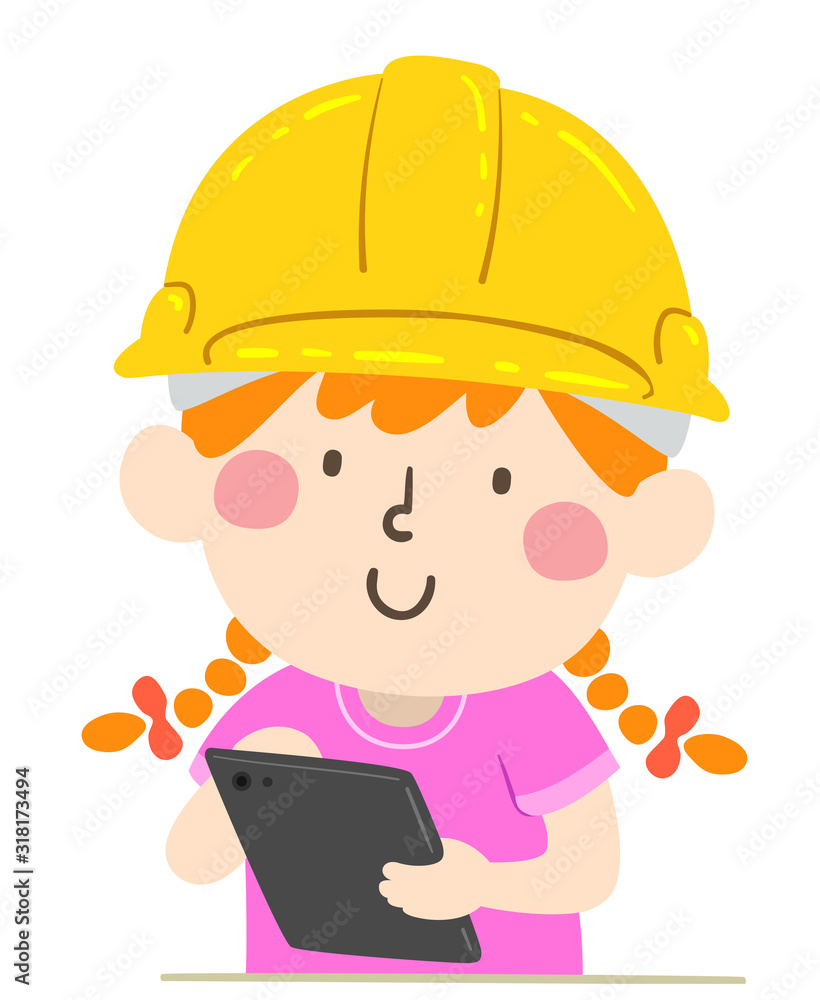 Kid Girl Hard Hat Tablet Illustration Kid Girl Hard Hat Tablet Illustration