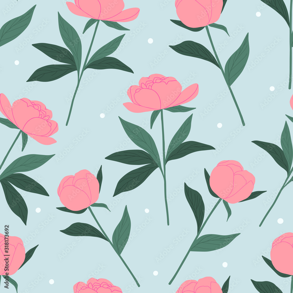 Decorative spring summer floral seamless pattern for print, textile, wallpaper. Hand drawn peonies flowers background.