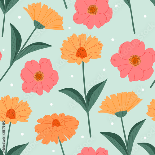 Decorative spring summer floral seamless pattern for print, textile, wallpaper. Hand drawn peonies flowers background.