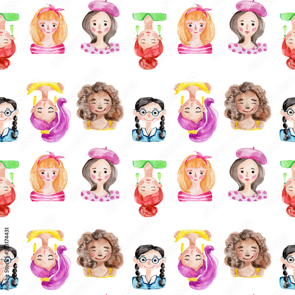 Plakat Seamless pattern with cartoon colorful portraits of girls; watercolor hand draw illustration; can be used for womens day; with white isolated background