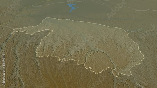 Kwilu, province with its capital, zoomed and extruded on the relief map of Congo Kinshasa in the conformal Stereographic projection. Animation 3D photo