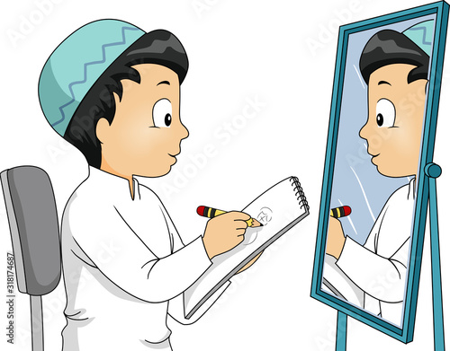 Kid Boy Muslim Draw Self Mirror Illustration