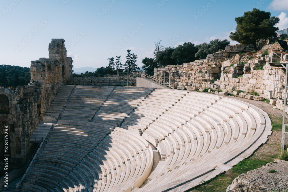 Athens, Greece - Dec 20, 2019: Odeon of Herodes Atticus in Acropolis of Athens