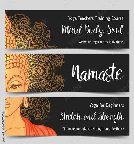 Yoga business card design in gold an black. Template for spiritual retreat or yoga studio. Ornamental business cards, oriental pattern. Vector illustration..