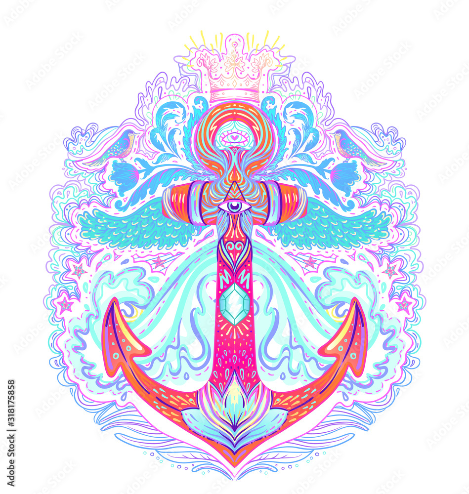 Fototapeta premium Hand drawn vintage label with an anchor and other decorative elements. Isolated vector illustration. Tattoo, travel, adventure, meditation symbol.