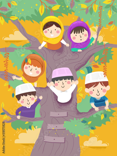 Kids Muslim Tree Waving Illustration