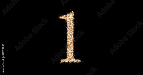 Gold glitter number 1 loop. A figure of sparkling particles. 3d animation