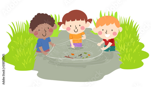 Kids Wetland Fish Net Explore Illustration