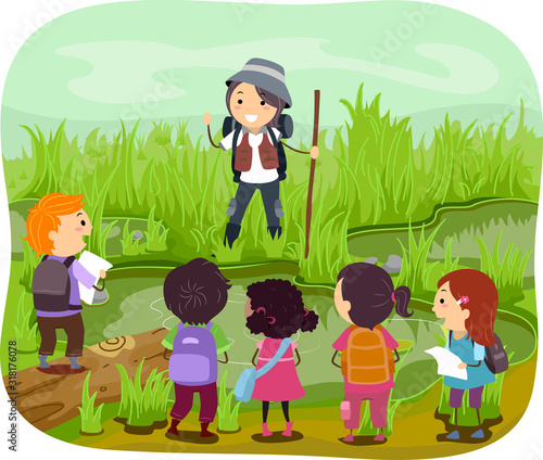 Stickman Kids Girl Wetland Explore Illustration