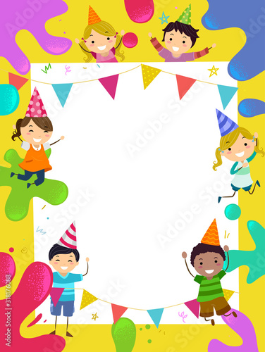 Stickman Kids Party Hats Splat Colors Illustration