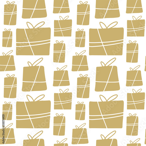 Gift pattern, seamless texture with hand drawn illustrations of present gold boxes. Christmas gift boxes. Hand drawn presents sketch. Seamless pattern with gift boxes.