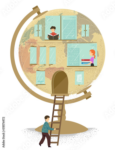 Miniature People Globe Building Illustration