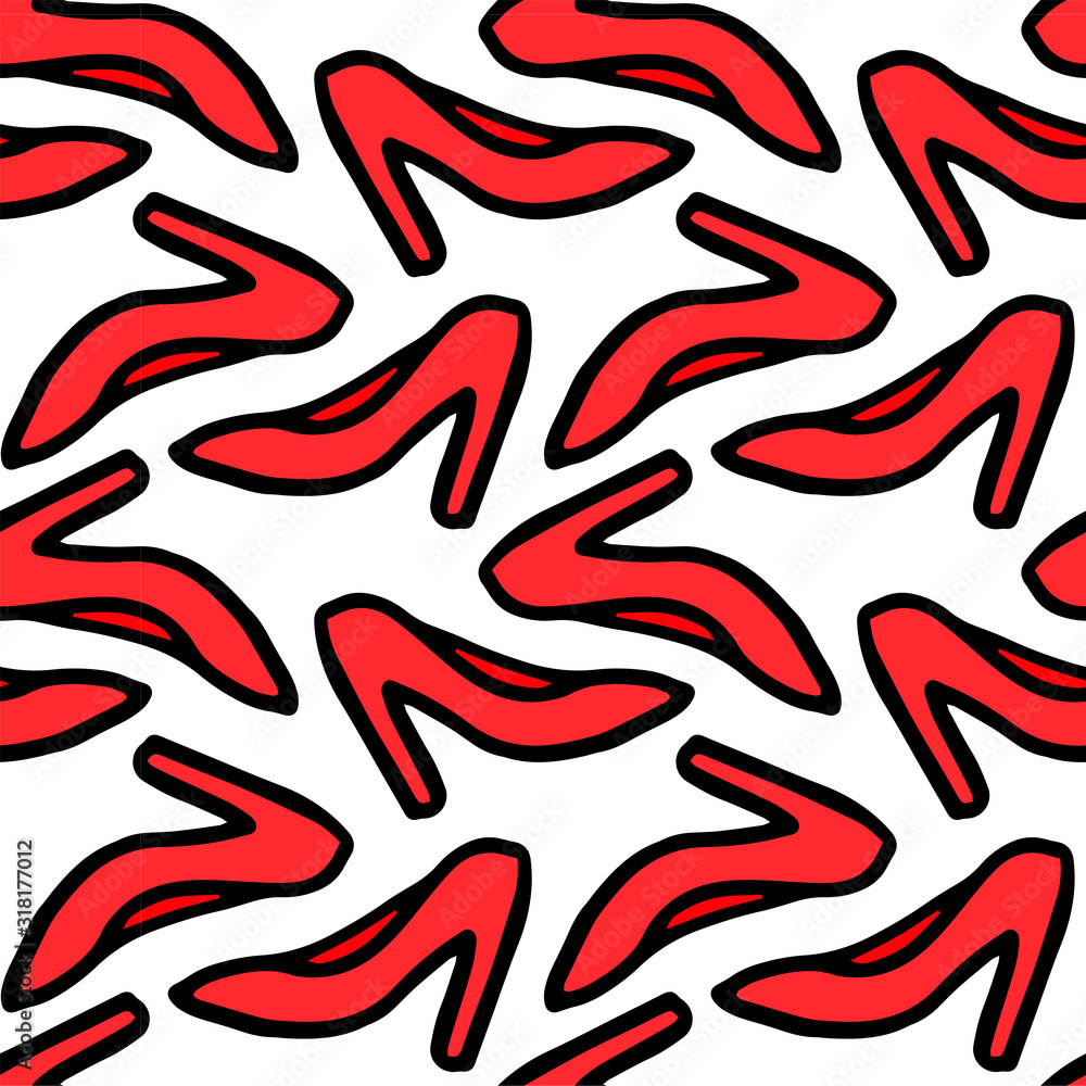 Hand draw seamless pattern with women's red stilettos shoes. illustration for fabric, textile, wrapping paper and other decoration design.