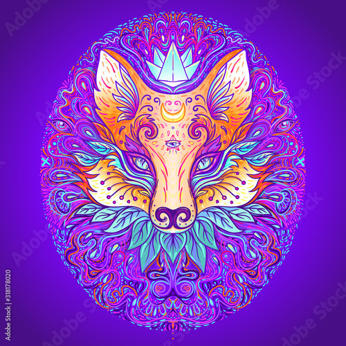 Cute fox face over psychedelic ornate pattern. Character tattoo design for pet lovers, artwork for print, textiles. Detailed vector illustration. Totem animal.
