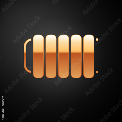 Gold Heating radiator icon isolated on black background. Vector Illustration