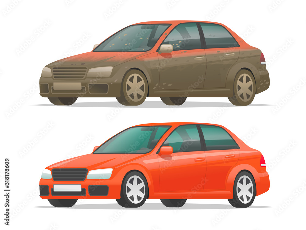 Dirty and clean car on a white background. Vehicle before and after car wash. Vector illustration