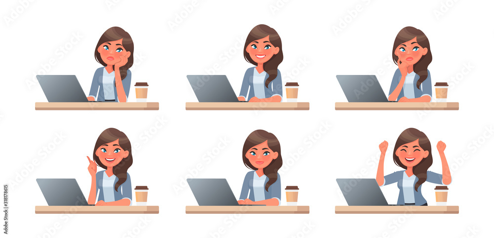 Woman works at a computer. The working process. A set of emotions. She thinks, idea, task and success Woman works at a computer. The working process. A set of emotions. She thinks, idea, task and success