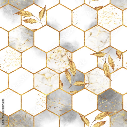 Marmeren zeshoek naadloze textuur met gouden bladeren. Abstracte achtergrond