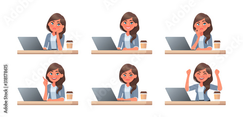 Woman works at a computer. The working process. A set of emotions. She thinks, idea, task and success