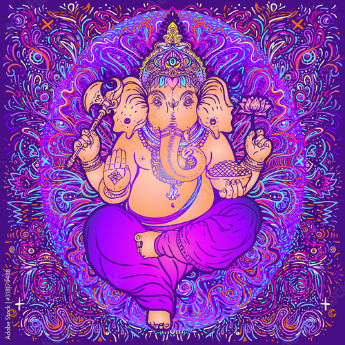 Beautiful hand-drawn tribal style elephant. Colorful paisley design, boho mandala patterns, ornaments. Ethnic background, spiritual art, yoga. Indian god Ganesha, Thai symbol. T-shirt print, poster.