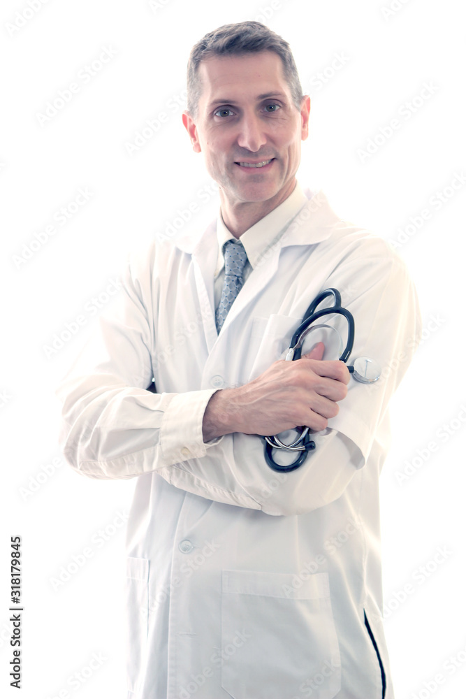 Portrait of doctor holding the stethoscope on white background, confident medical doctor standing and crossing arm, medical health care and hospital concept Portrait of doctor holding the stethoscope on white background, confident medical doctor standing and crossing arm, medical health care and hospital concept
