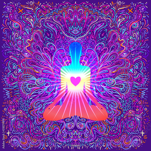 Chakra concept. Inner love, light and peace. Silhouette in lotus position over ornate mandala. Vector illustration. Hypnotic shamanic acid pattern. Hand drawn design in ethnic Indian style.