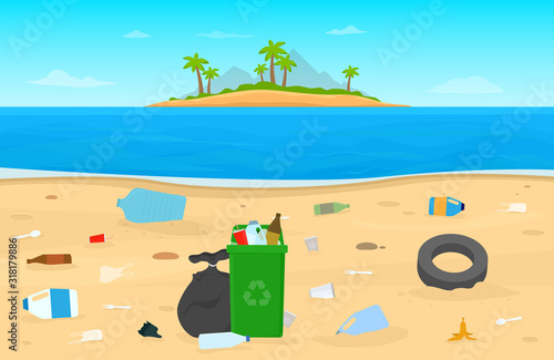 Vector illustration of plastic pollution on the beach. Dirty beach with trash and plastic .
