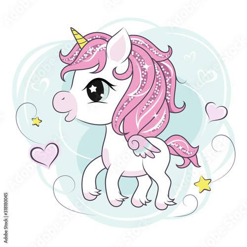 Cute little unicorn character on mint colored background. Vector.