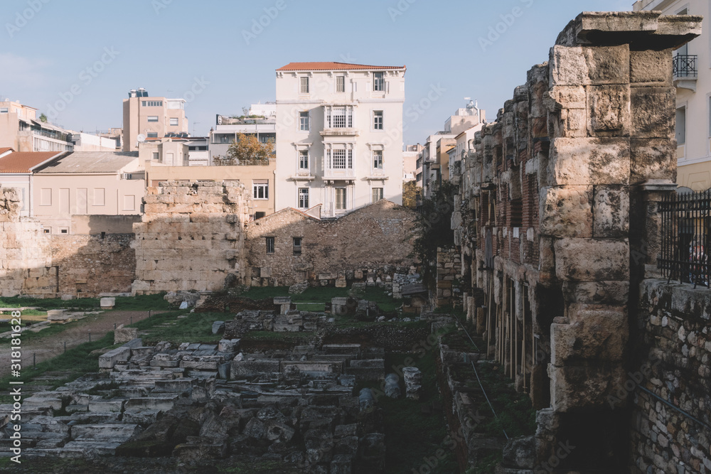 Athens, Greece - Dec 21, 2019: Remains of the Roman Agora in Athens, Greece