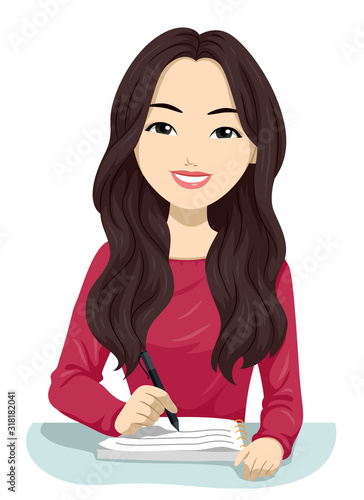 Teen Girl Asian Write Notes Illustration