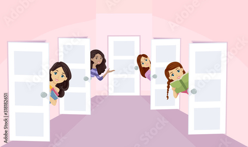 Teen Girls Dorm Welcome Doors Illustration