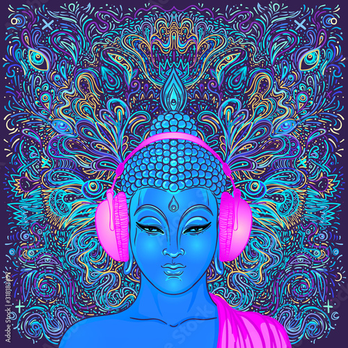 Sitting Buddha over colorful neon background. Vector illustration. Psychedelic mushroom composition. Indian, Buddhism, Spiritual Tattoo, yoga, spirituality. Sticker, patch, 60s hippie colorful art.