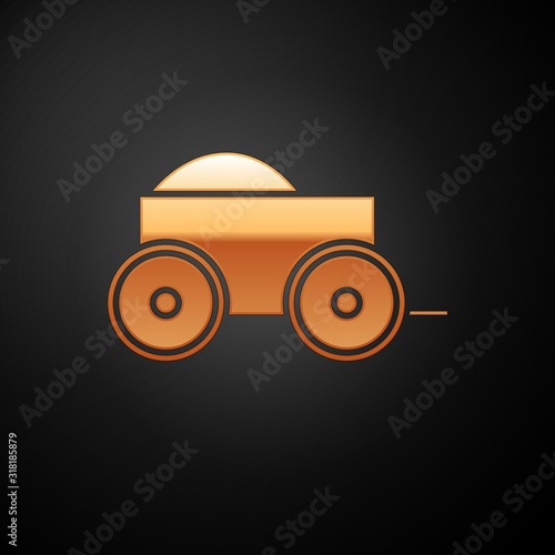 Gold Wooden four-wheel cart with hay icon isolated on black background. Vector Illustration