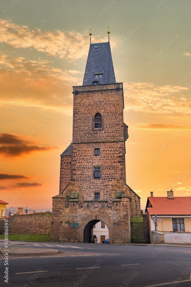 Old city gate with a tower. Rakovnik, Central Bohemian region, Czech republic.