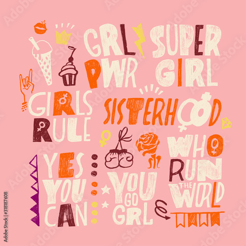 Collection of lettering hand drawn designs of feminism and body positivity movement. Set of colorful stickers with feminist and body positive slogans or phrases. Vector illustration in cartoon style