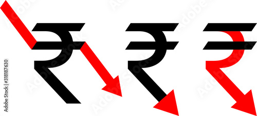 Illustration depicting the sign of the Indian rupee with a stylized arrow pointing down in several versions. Concept - national currency exchange rate is falling. photo