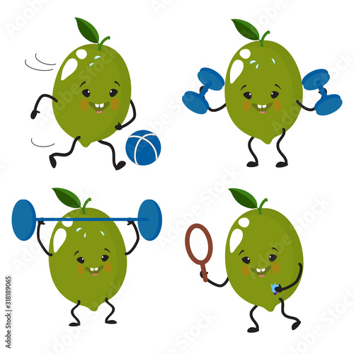 Lime, a set of cute, attractive, funny characters involved in sports, kettlebell, ball, barbell, tennis.