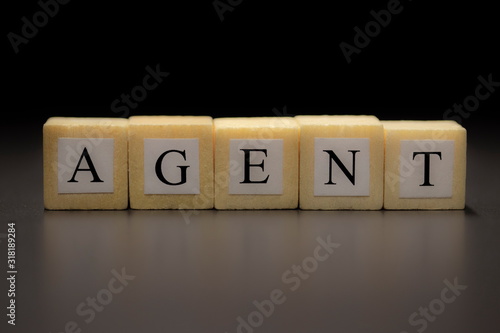 The word AGENT written on wooden cubes isolated on a black background...