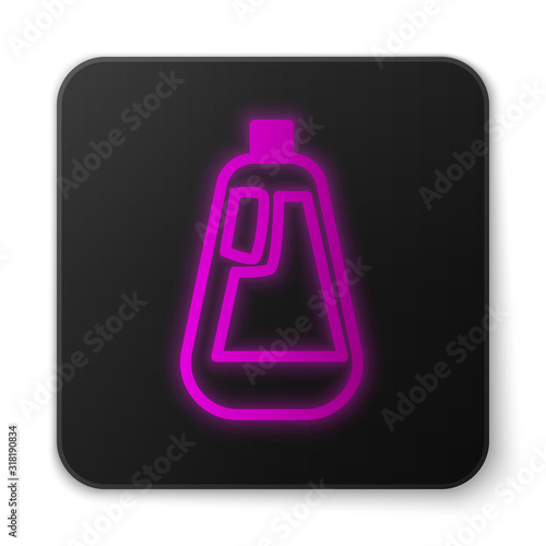 Glowing neon line Plastic bottle for liquid laundry detergent, bleach, dishwashing liquid icon isolated on white background. Black square button. Vector Illustration