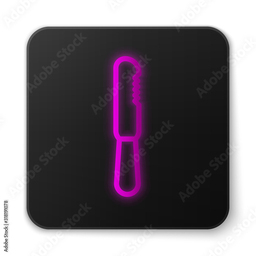 Glowing neon line Disposable plastic knife icon isolated on white background. Black square button. Vector Illustration