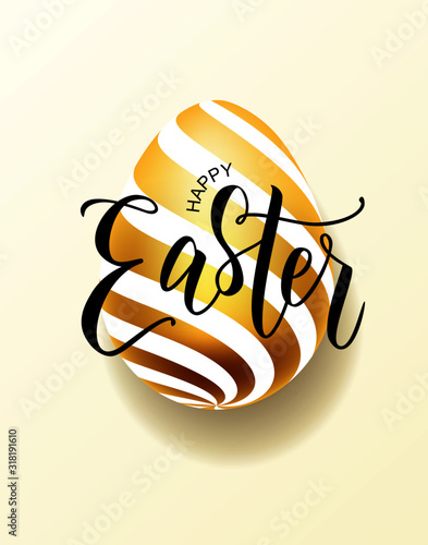 Happy Easter hand lettering with gold realistic looking ester eggs. Vector typography. Quote as Pascha logo, promotion, poster, flyer, article, postcard, web-banner, invitation template.