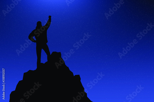 Silhouette of hiker standing on a mountain top with raised hand against night starry sky. Vector illustration, EPS 10.