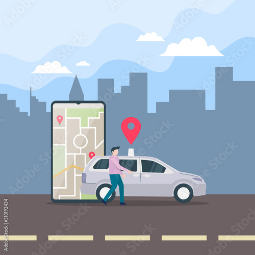 BCar sharing illustration concept. online taxi or rent transportation using smartphone service application with character. Route points location on gps map for landing page, banner, web, UI, flyer