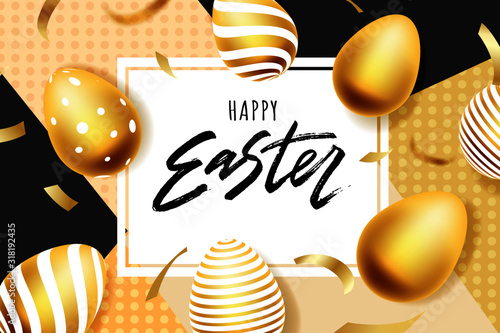 Happy Easter hand lettering with gold realistic looking ester eggs. Vector typography. Quote as Pascha logo, promotion, poster, flyer, article, postcard, web-banner, invitation template.