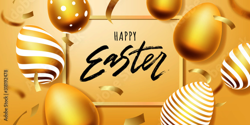 Happy Easter hand lettering with gold realistic looking ester eggs. Vector typography. Quote as Pascha logo, promotion, poster, flyer, article, postcard, web-banner, invitation template.