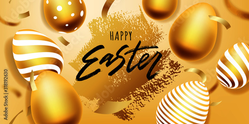 Happy Easter hand lettering with gold realistic looking ester eggs. Vector typography. Quote as Pascha logo, promotion, poster, flyer, article, postcard, web-banner, invitation template.