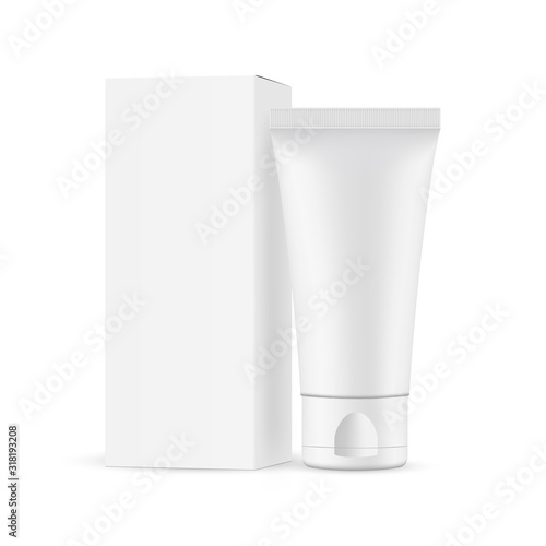 Small plastic cosmetic tube with cardboard box mockup, isolated on white background. Vector illustration