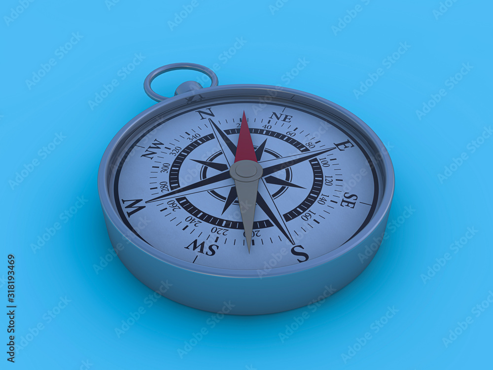 Vintage compass isolated on blue background. 3D
