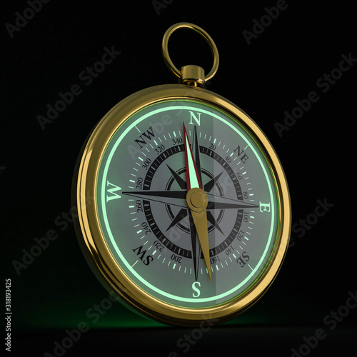 Vintage compass isolated on black background. 3D