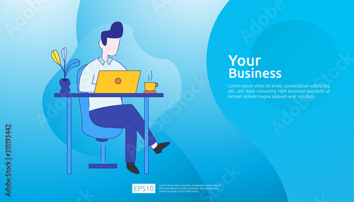 businessman working at a laptop computer in the workplace desk office. Business illustration concept for remote work or freelance with man character. Vector illustration in flat style.